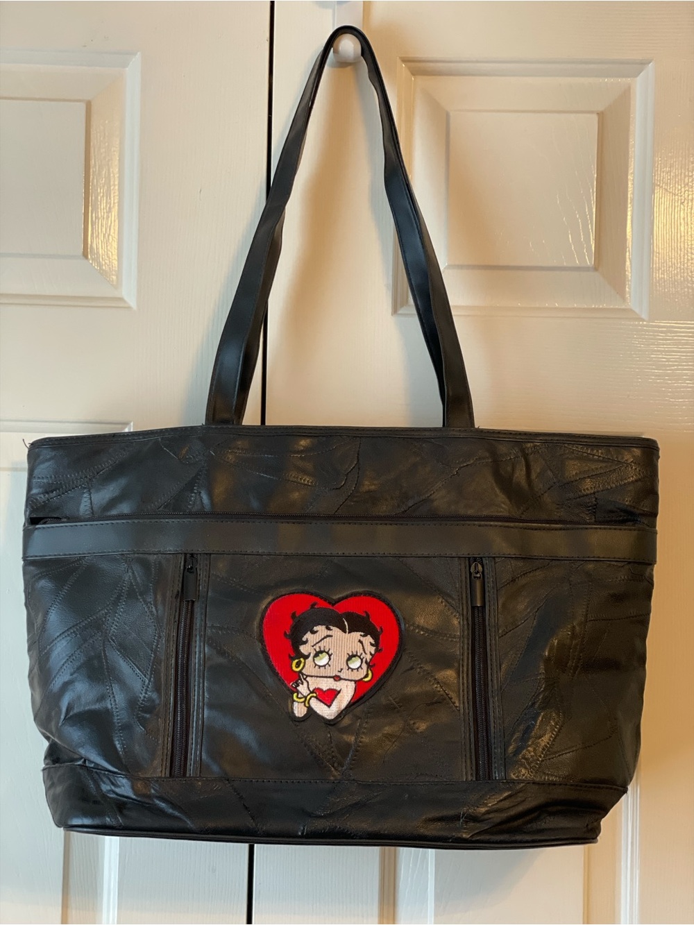 Betty Boop Genuine Leather Tote Bag Black Patchwork Shoulder Purse EUC